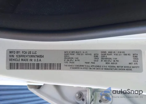 2021 Ram 1500 Limited 4X2 5'7 Box из США, поврежденный, VIN 1C6RREHTXMN794854